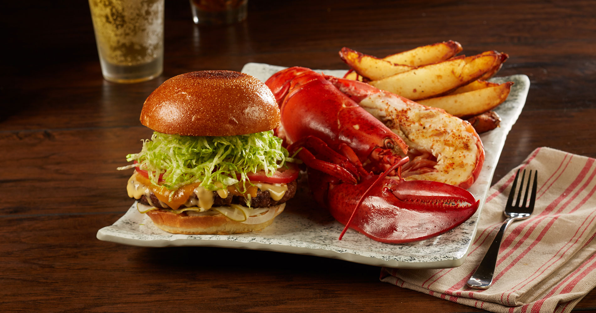 Burger, fries and a lobster